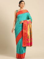 Double pallu paithani saree silk blend in chintamani and pink with chakra phool meena butti - front view for party wear