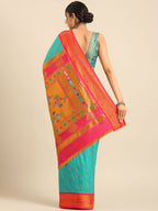 Double pallu paithani saree silk blend in chintamani and pink with chakra phool meena butti - back view showing pallu and border for party wear