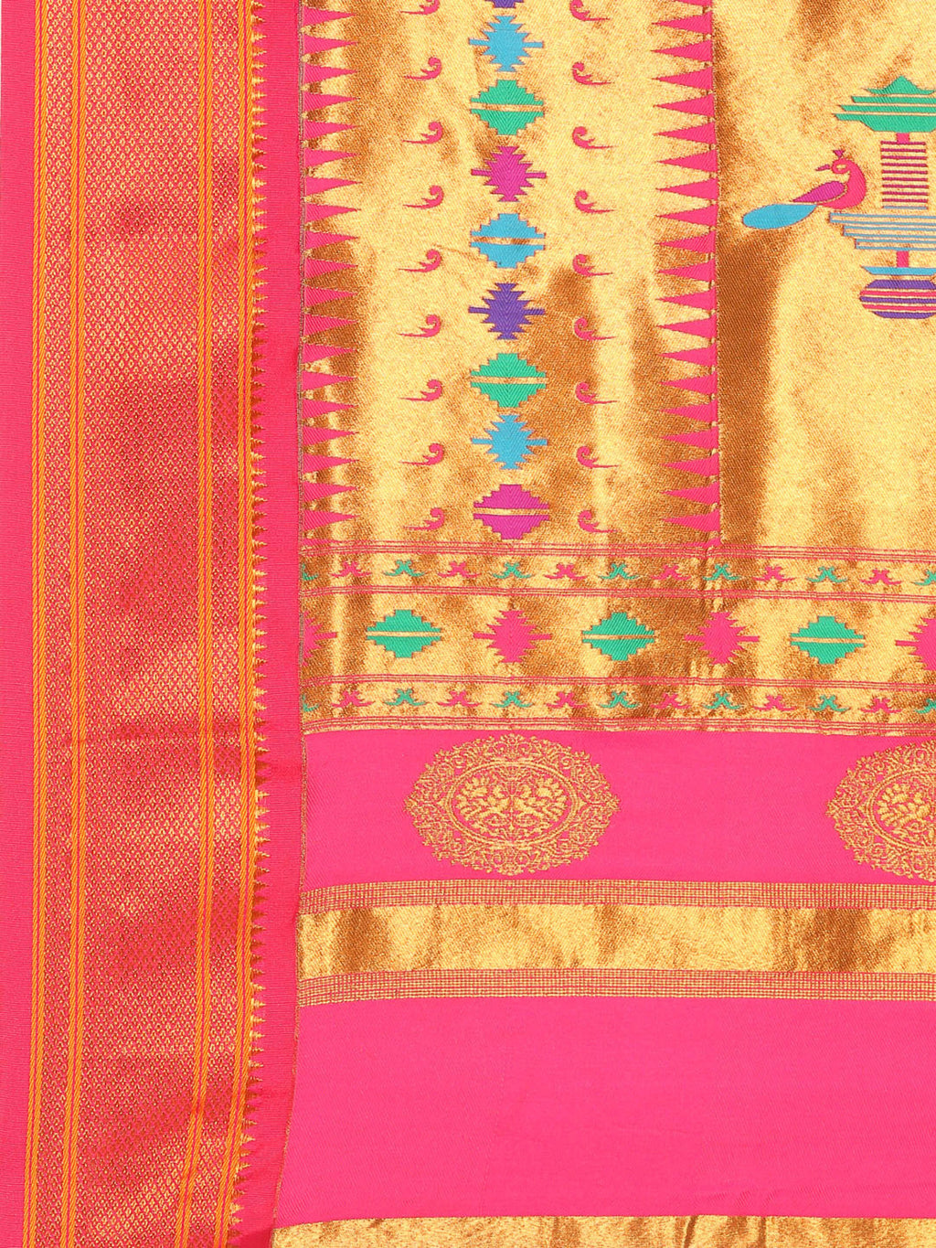 Double pallu paithani saree silk blend in chintamani and pink with chakra phool meena butti - pallu detail showing woven motif design for party wear