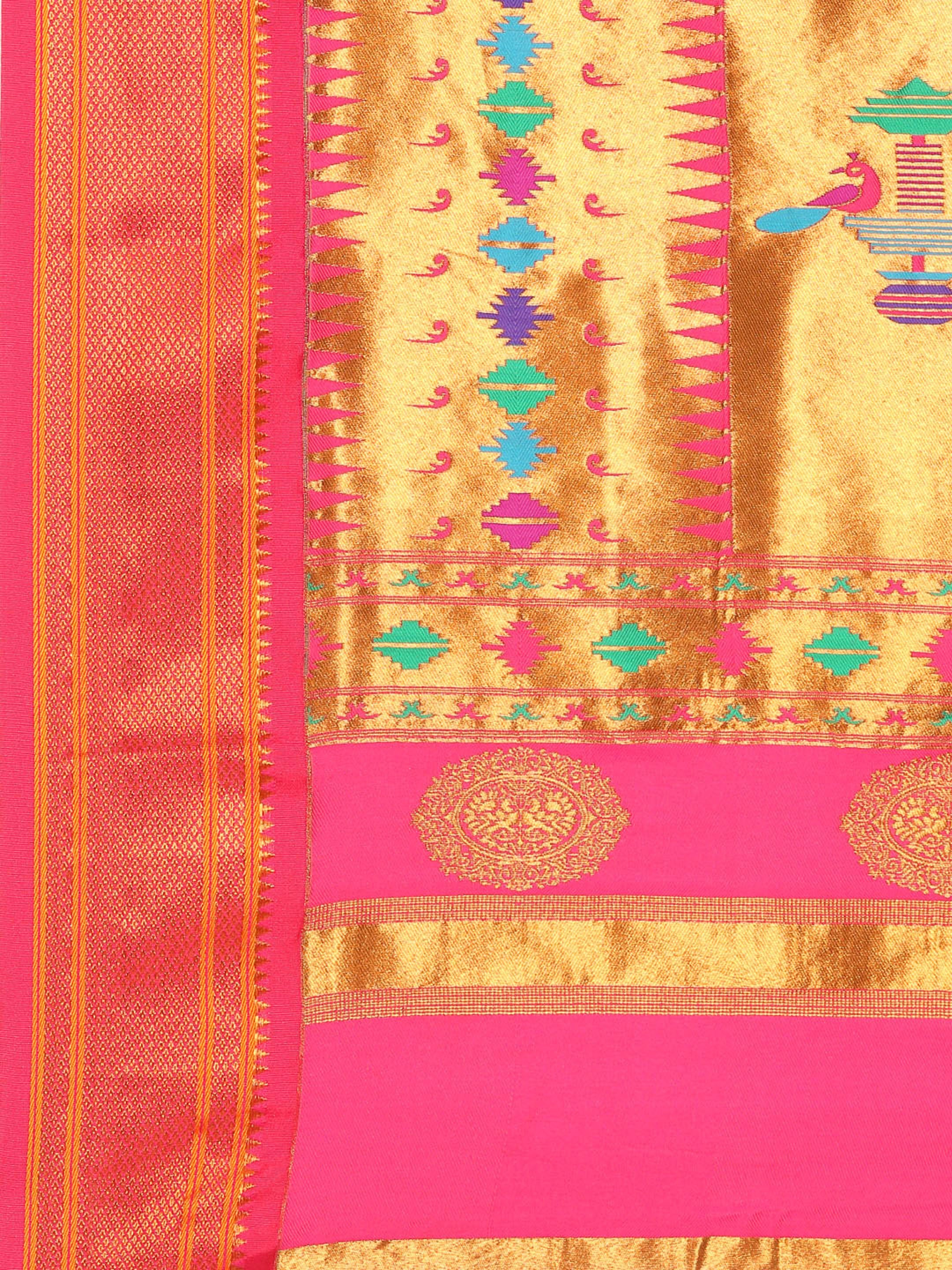 Double pallu paithani saree silk blend in chintamani and pink with chakra phool meena butti - pallu detail showing woven motif design for party wear