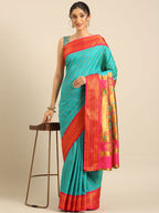 Double pallu paithani saree silk blend in chintamani and pink with chakra phool meena butti - styled model view for party wear