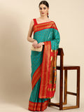 Double pallu paithani saree silk blend in chintamani and red with chakra phool meena butti - front view for party wear