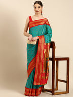 Double pallu paithani saree silk blend in chintamani and red with chakra phool meena butti - front view for party wear