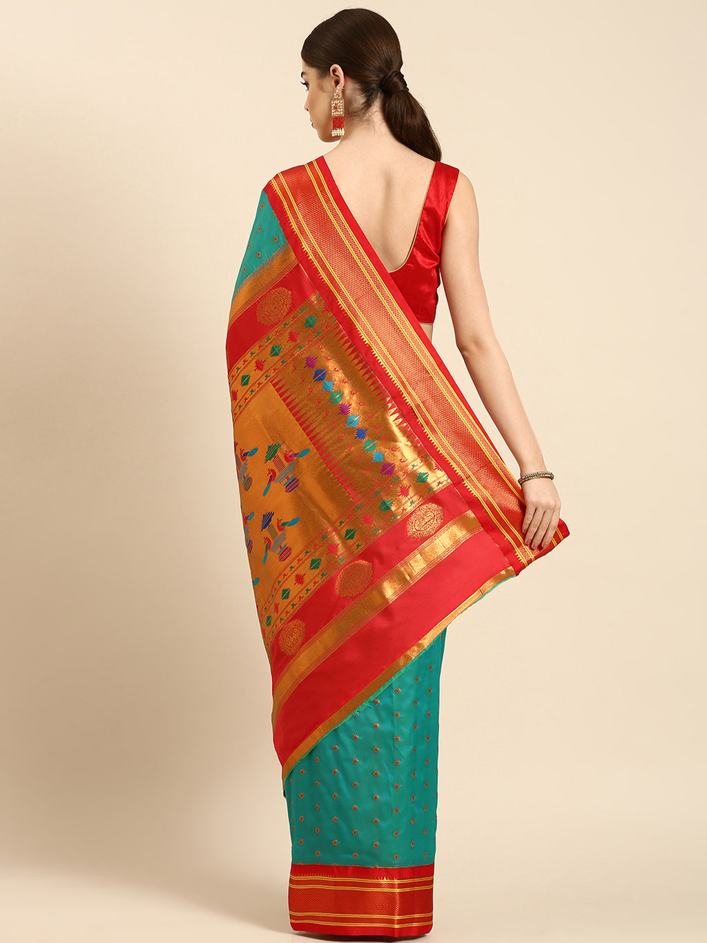Double pallu paithani saree silk blend in chintamani and red with chakra phool meena butti - back view showing pallu and border for party wear