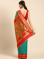 Double pallu paithani saree silk blend in chintamani and red with chakra phool meena butti - back view showing pallu and border for party wear