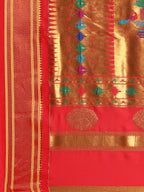 Double pallu paithani saree silk blend in chintamani and red with chakra phool meena butti - pallu detail showing woven motif design for party wear