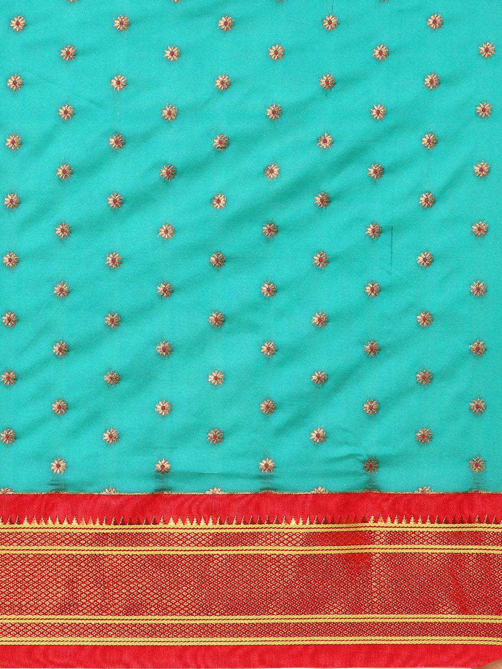 Double pallu paithani saree silk blend in chintamani and red with chakra phool meena butti - body fabric detail showing motif design for party wear