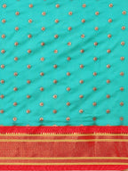 Double pallu paithani saree silk blend in chintamani and red with chakra phool meena butti - body fabric detail showing motif design for party wear