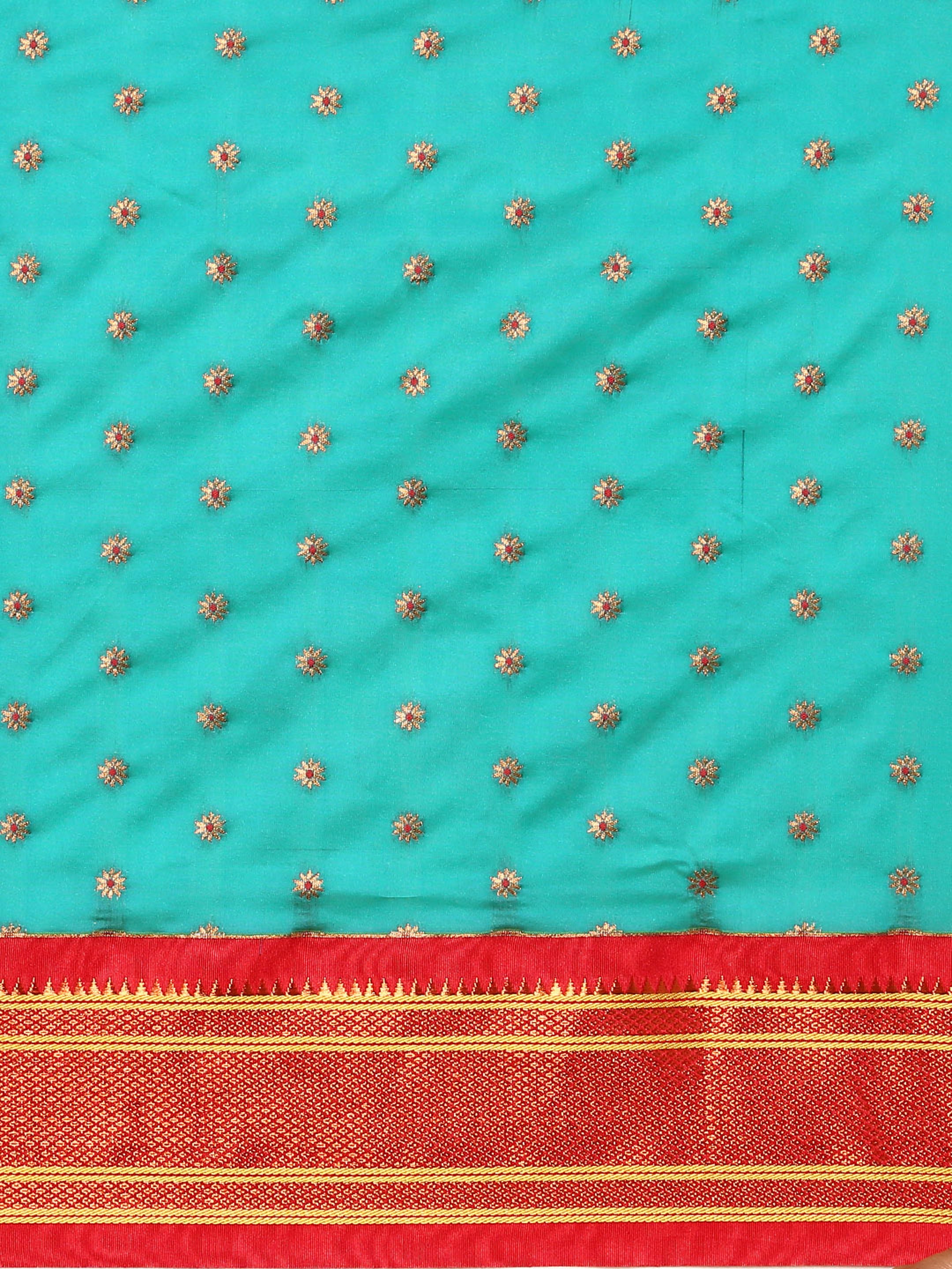 Double pallu paithani saree silk blend in chintamani and red with chakra phool meena butti - body fabric detail showing motif design for party wear