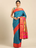 Double pallu paithani saree silk blend in firozi and pink with chakra phool meena butti - front view for party wear
