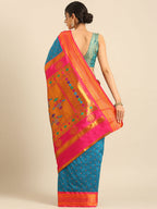 Double pallu paithani saree silk blend in firozi and pink with chakra phool meena butti - back view showing pallu and border for party wear