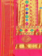 Double pallu paithani saree silk blend in firozi and pink with chakra phool meena butti - pallu detail showing woven motif design for party wear