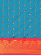 Double pallu paithani saree silk blend in firozi and pink with chakra phool meena butti - body fabric detail showing motif design for party wear