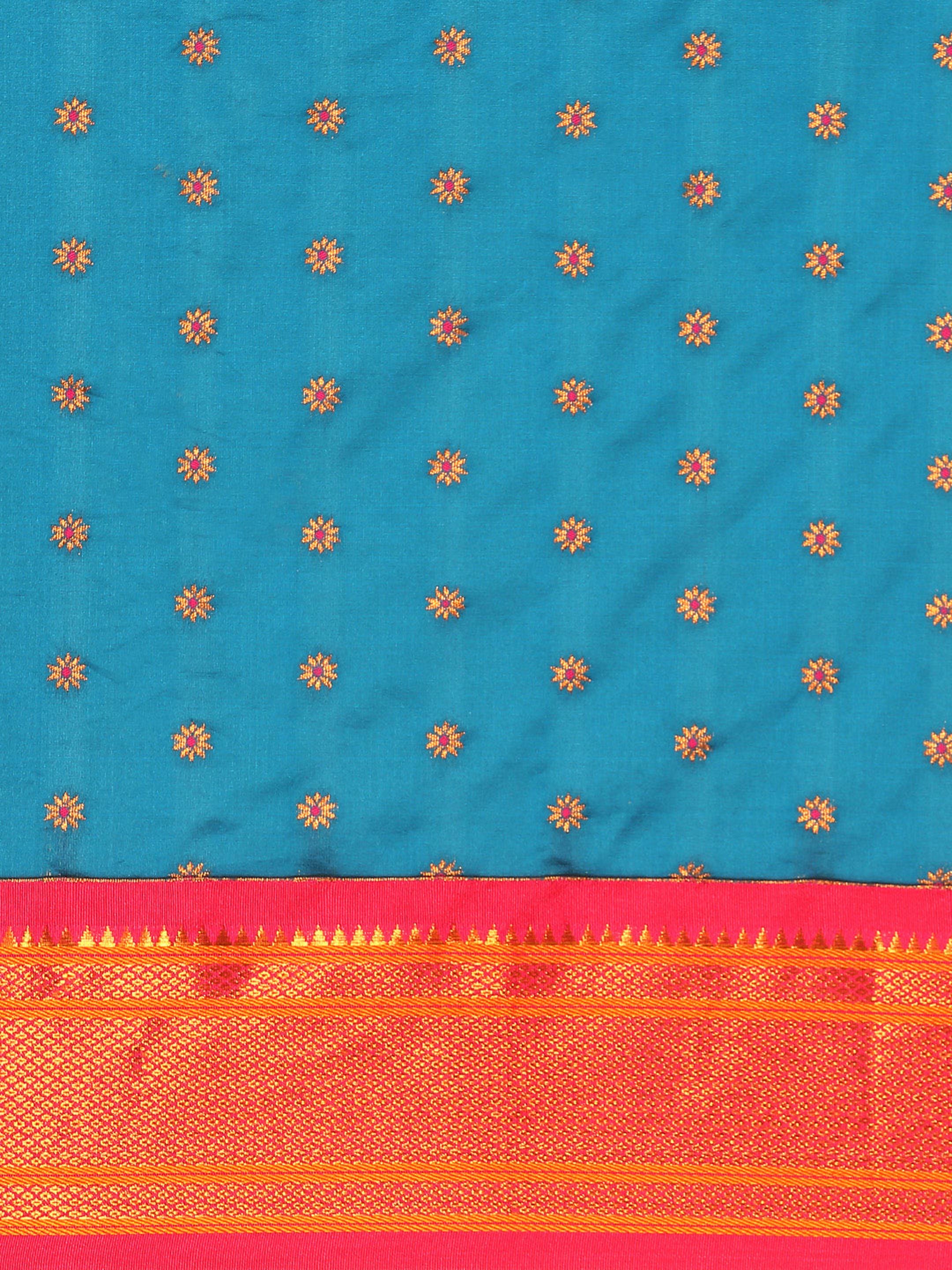 Double pallu paithani saree silk blend in firozi and pink with chakra phool meena butti - body fabric detail showing motif design for party wear