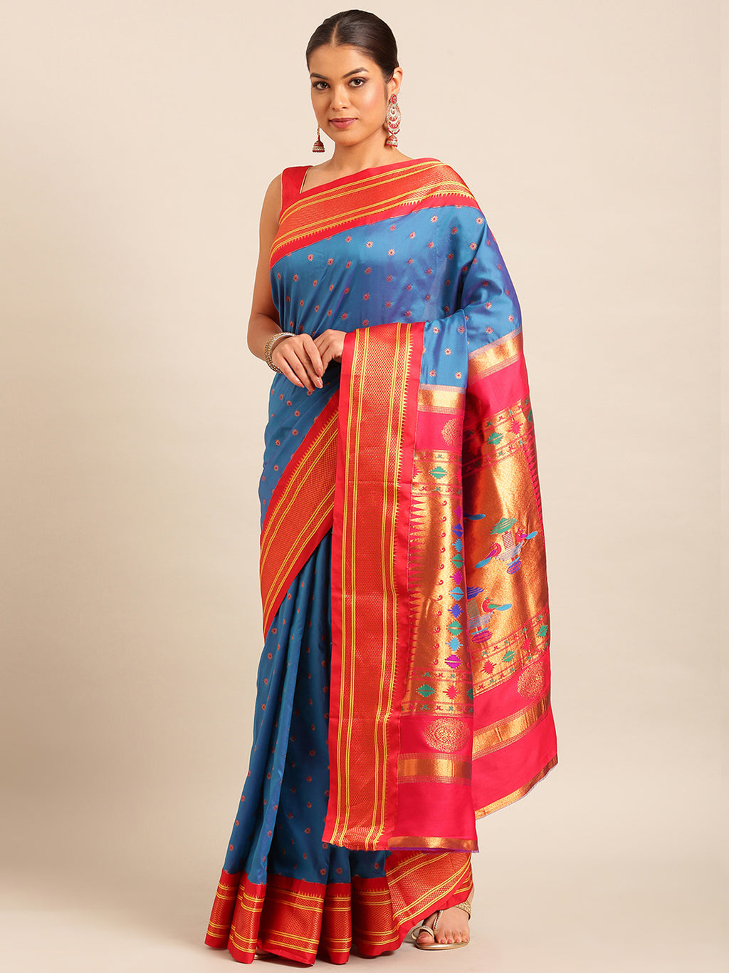 Double pallu paithani saree silk blend in firozi and red with chakra phool meena butti - front view for party wear