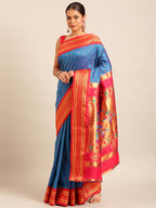 Double pallu paithani saree silk blend in firozi and red with chakra phool meena butti - front view for party wear