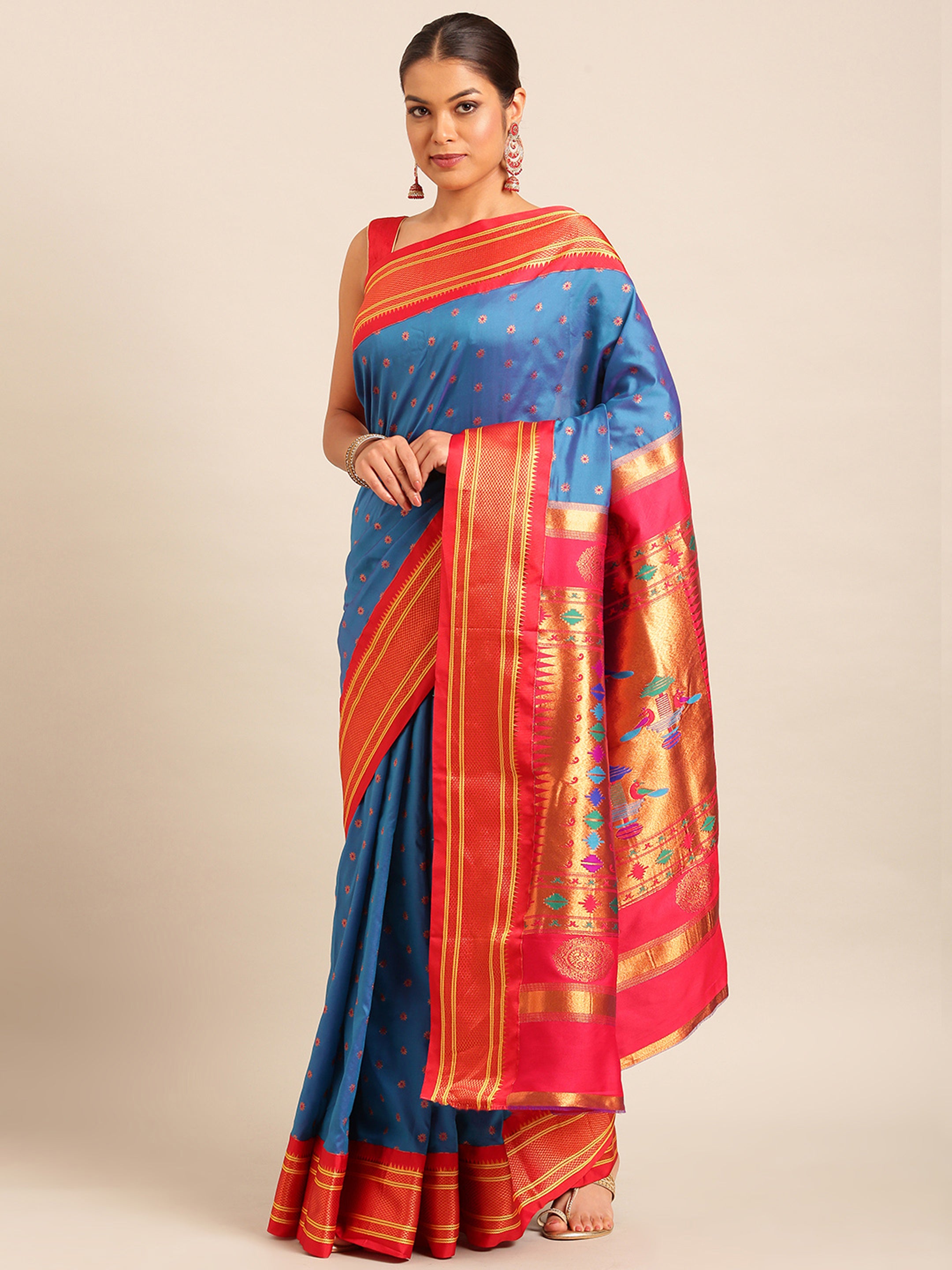 Double pallu paithani saree silk blend in firozi and red with chakra phool meena butti - front view for party wear