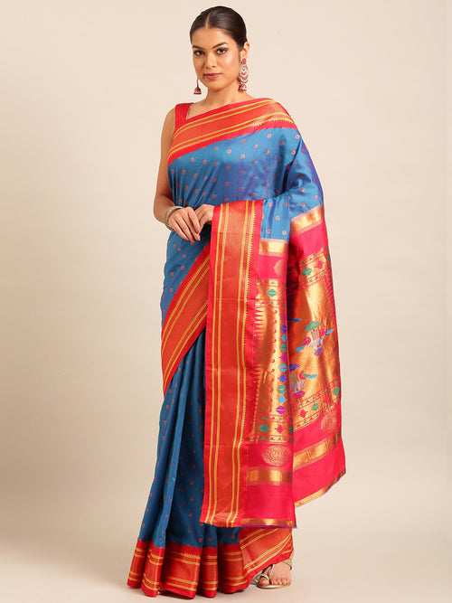Double pallu paithani saree silk blend in firozi and red with chakra phool meena butti - front view for party wear