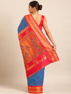 Double pallu paithani saree silk blend in firozi and red with chakra phool meena butti - back view showing pallu and border for party wear