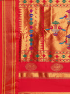 Double pallu paithani saree silk blend in firozi and red with chakra phool meena butti - pallu detail showing woven motif design for party wear