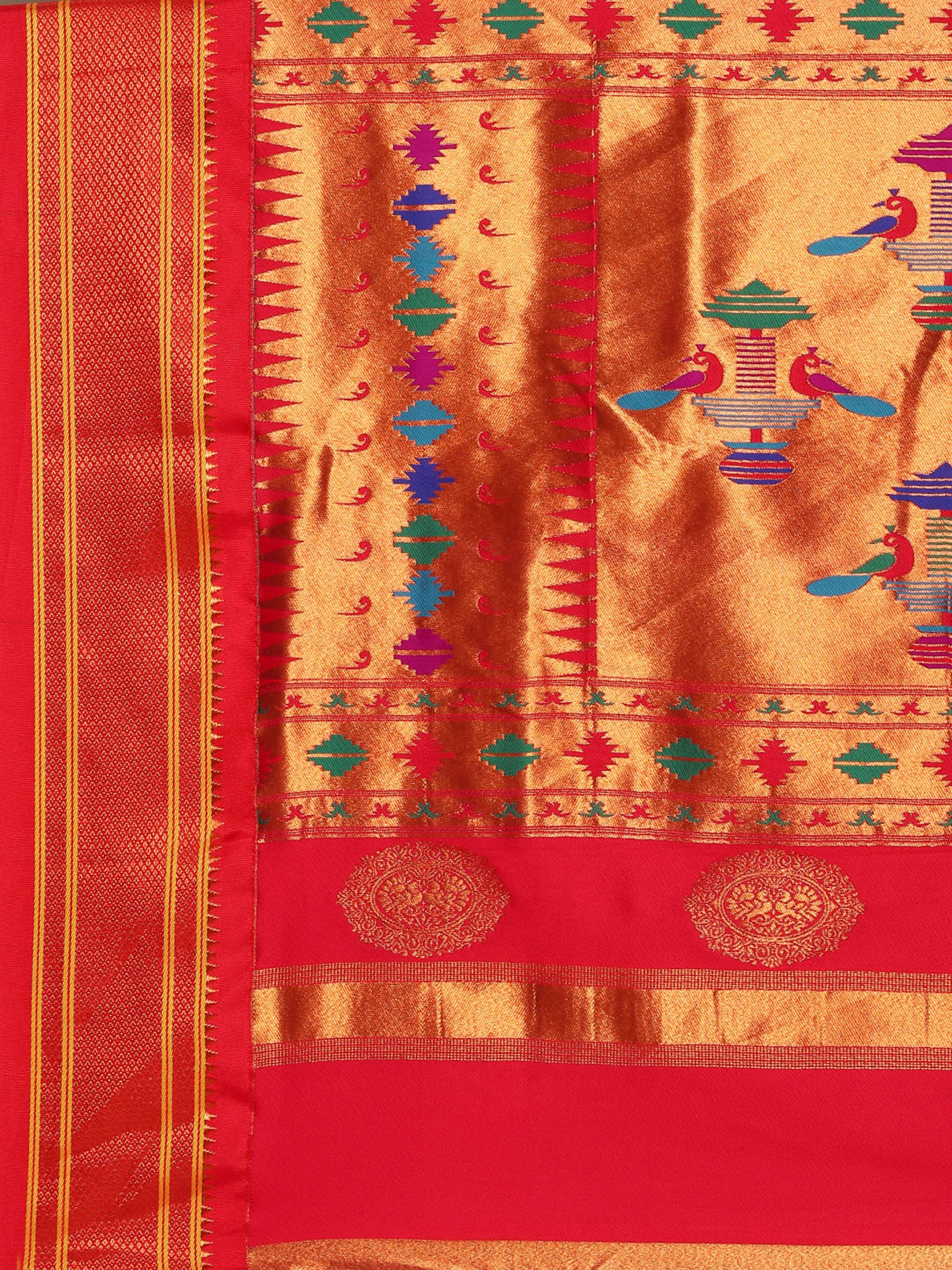 Double pallu paithani saree silk blend in firozi and red with chakra phool meena butti - pallu detail showing woven motif design for party wear