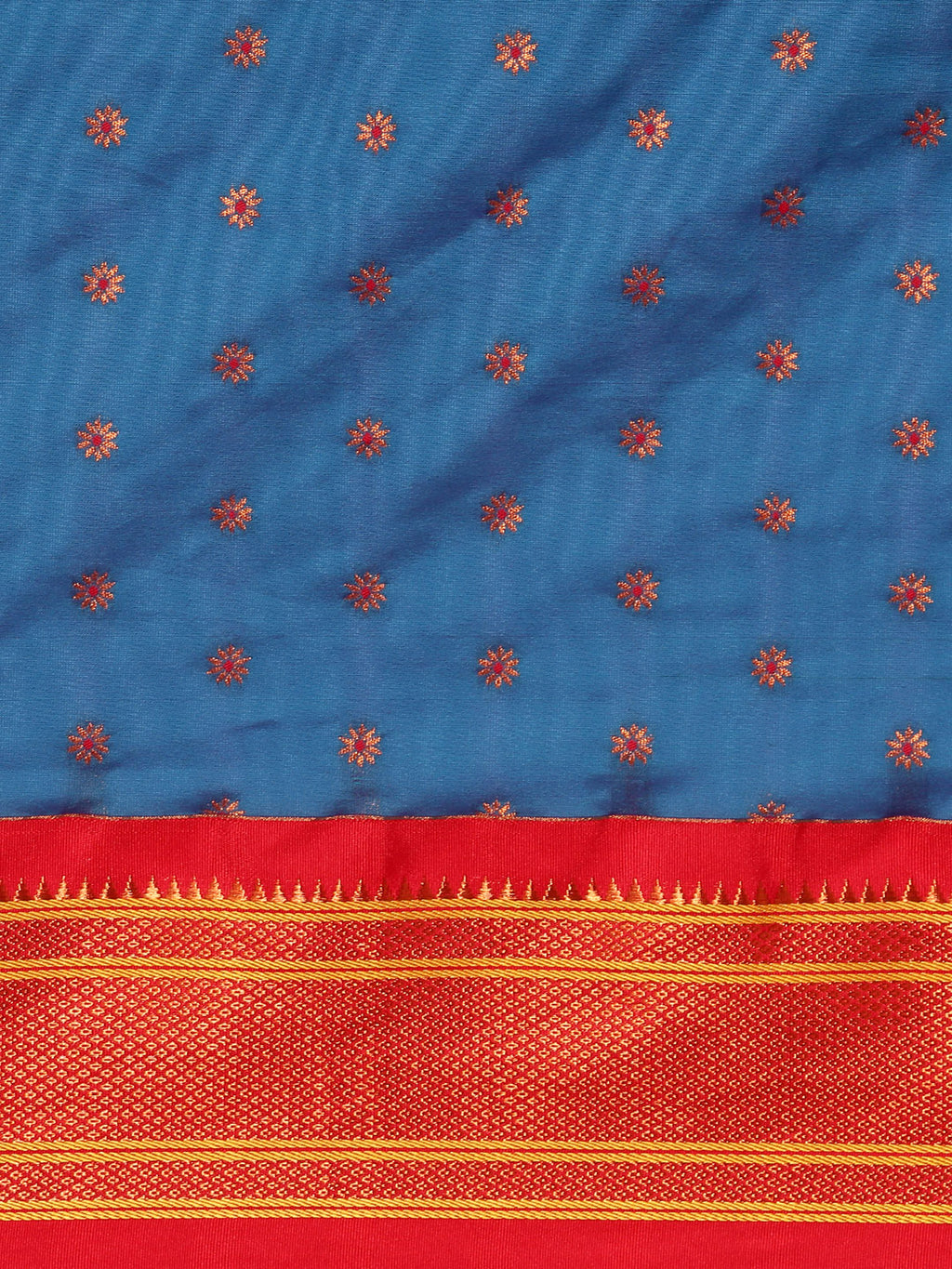 Double pallu paithani saree silk blend in firozi and red with chakra phool meena butti - body fabric detail showing motif design for party wear