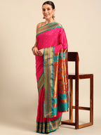 Double pallu paithani saree silk blend in hot, pink and rama with chakra phool meena butti - front view for party wear