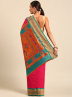 Double pallu paithani saree silk blend in hot, pink and rama with chakra phool meena butti - back view showing pallu and border for party wear