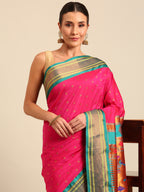 Double pallu paithani saree silk blend in hot, pink and rama with chakra phool meena butti - closeup view showing fabric and zari work for party wear