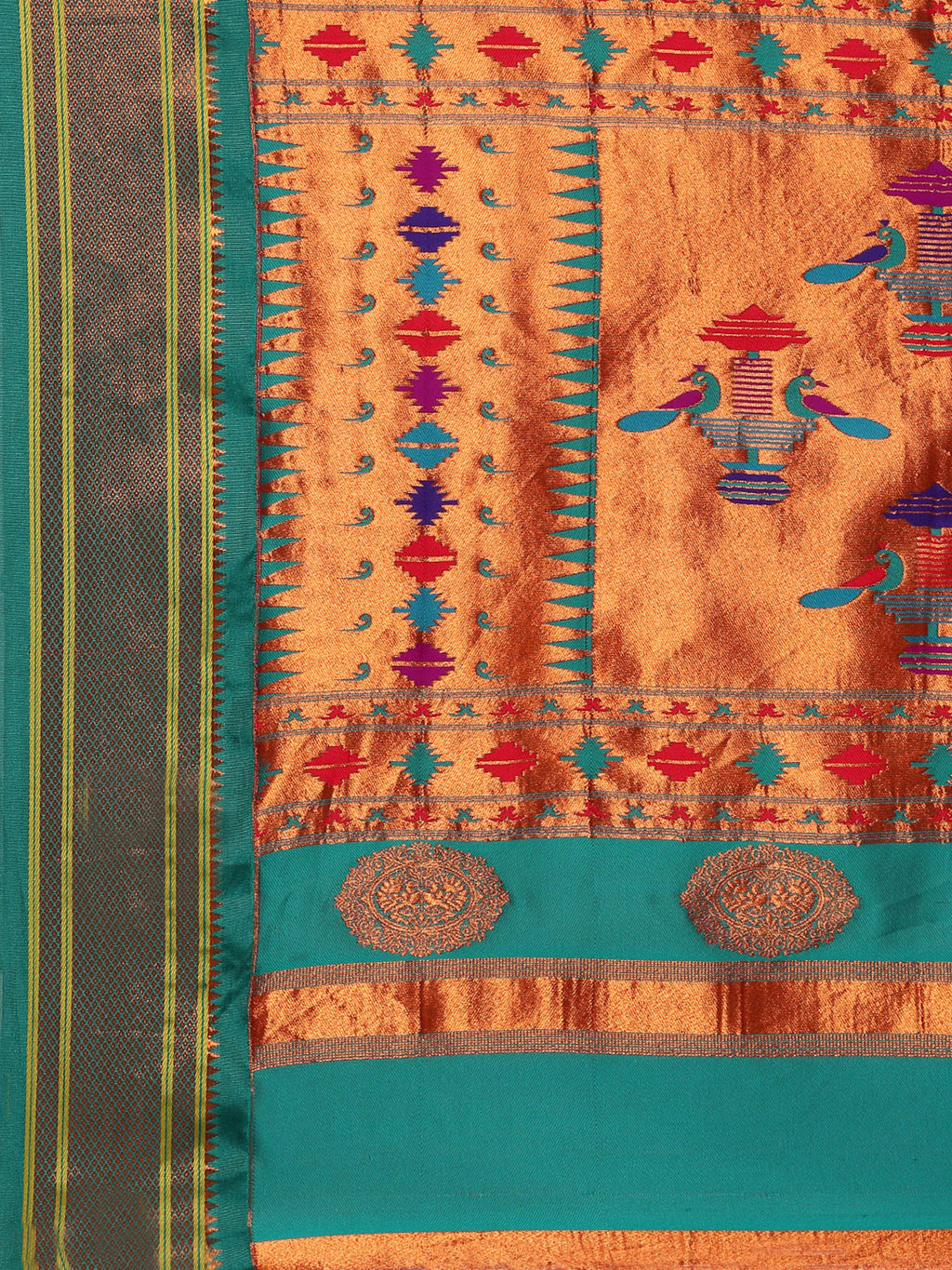 Double pallu paithani saree silk blend in hot, pink and rama with chakra phool meena butti - pallu detail showing woven motif design for party wear