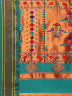 Double pallu paithani saree silk blend in hot, pink and rama with chakra phool meena butti - pallu detail showing woven motif design for party wear