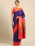 Double pallu paithani saree silk blend in indigo blue and pink with chakra phool meena butti - front view for party wear