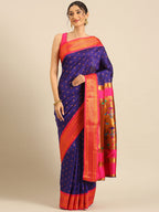 Double pallu paithani saree silk blend in indigo blue and pink with chakra phool meena butti - front view for party wear