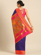 Double pallu paithani saree silk blend in indigo blue and pink with chakra phool meena butti - back view showing pallu and border for party wear