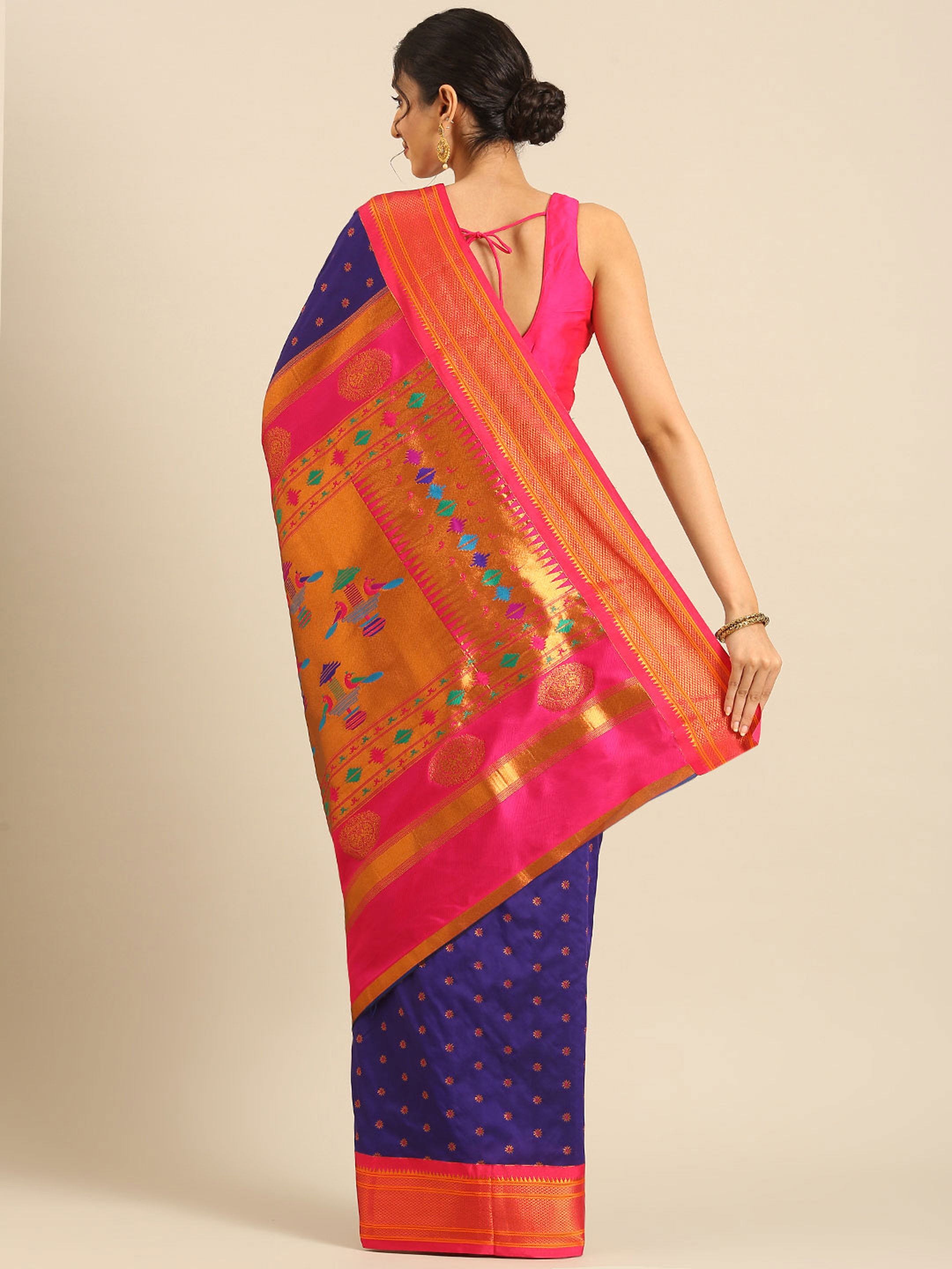 Double pallu paithani saree silk blend in indigo blue and pink with chakra phool meena butti - back view showing pallu and border for party wear
