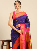Double pallu paithani saree silk blend in indigo blue and pink with chakra phool meena butti - closeup view showing fabric and zari work for party wear
