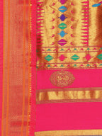 Double pallu paithani saree silk blend in indigo blue and pink with chakra phool meena butti - pallu detail showing woven motif design for party wear
