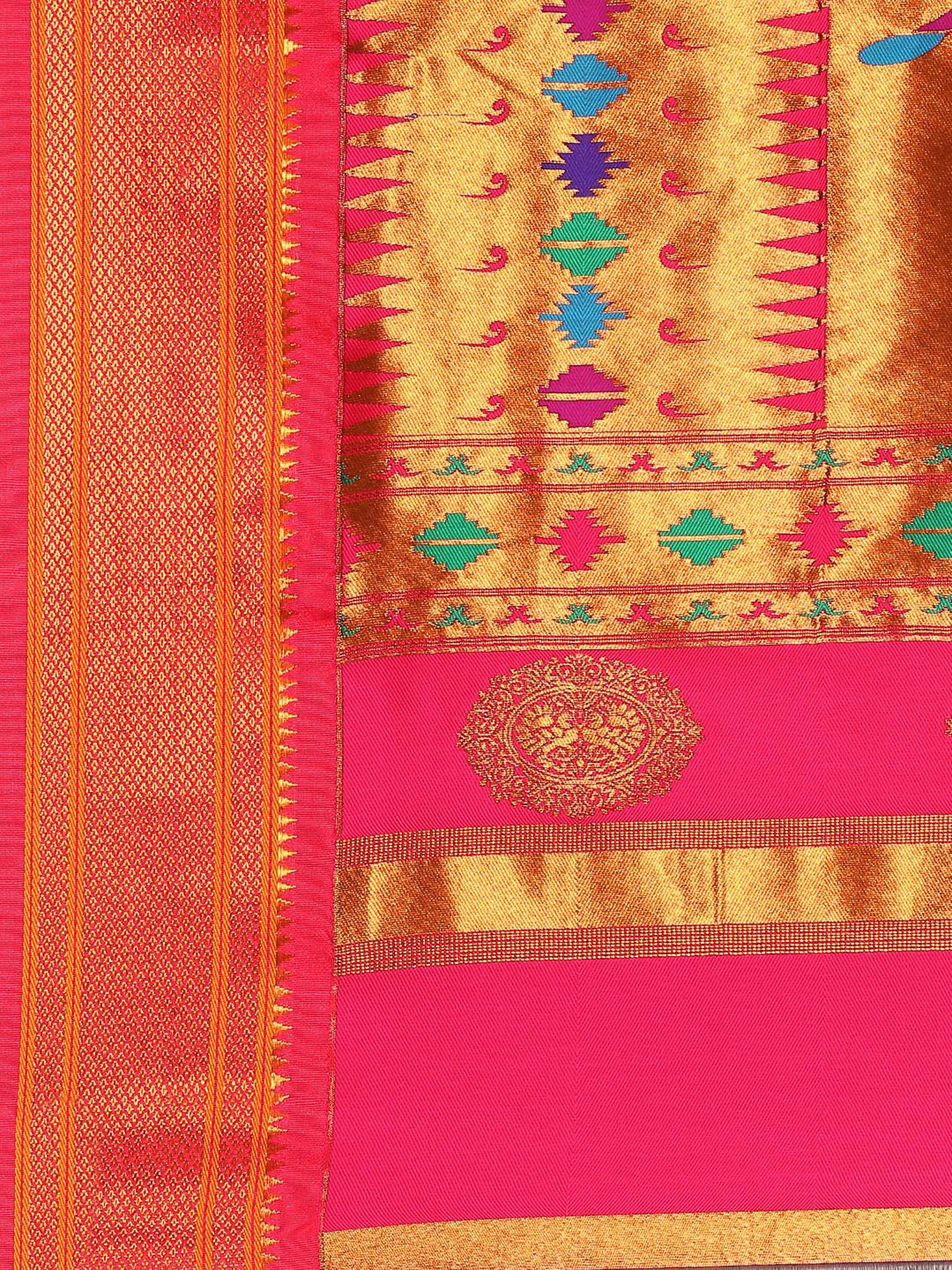 Double pallu paithani saree silk blend in indigo blue and pink with chakra phool meena butti - pallu detail showing woven motif design for party wear