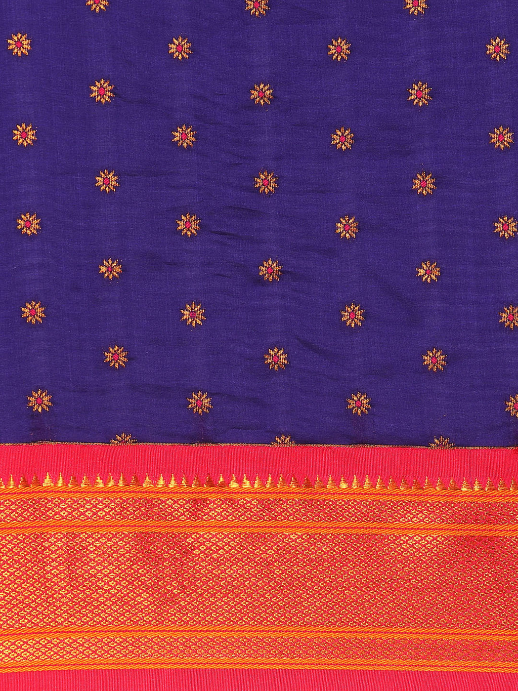 Double pallu paithani saree silk blend in indigo blue and pink with chakra phool meena butti - body fabric detail showing motif design for party wear