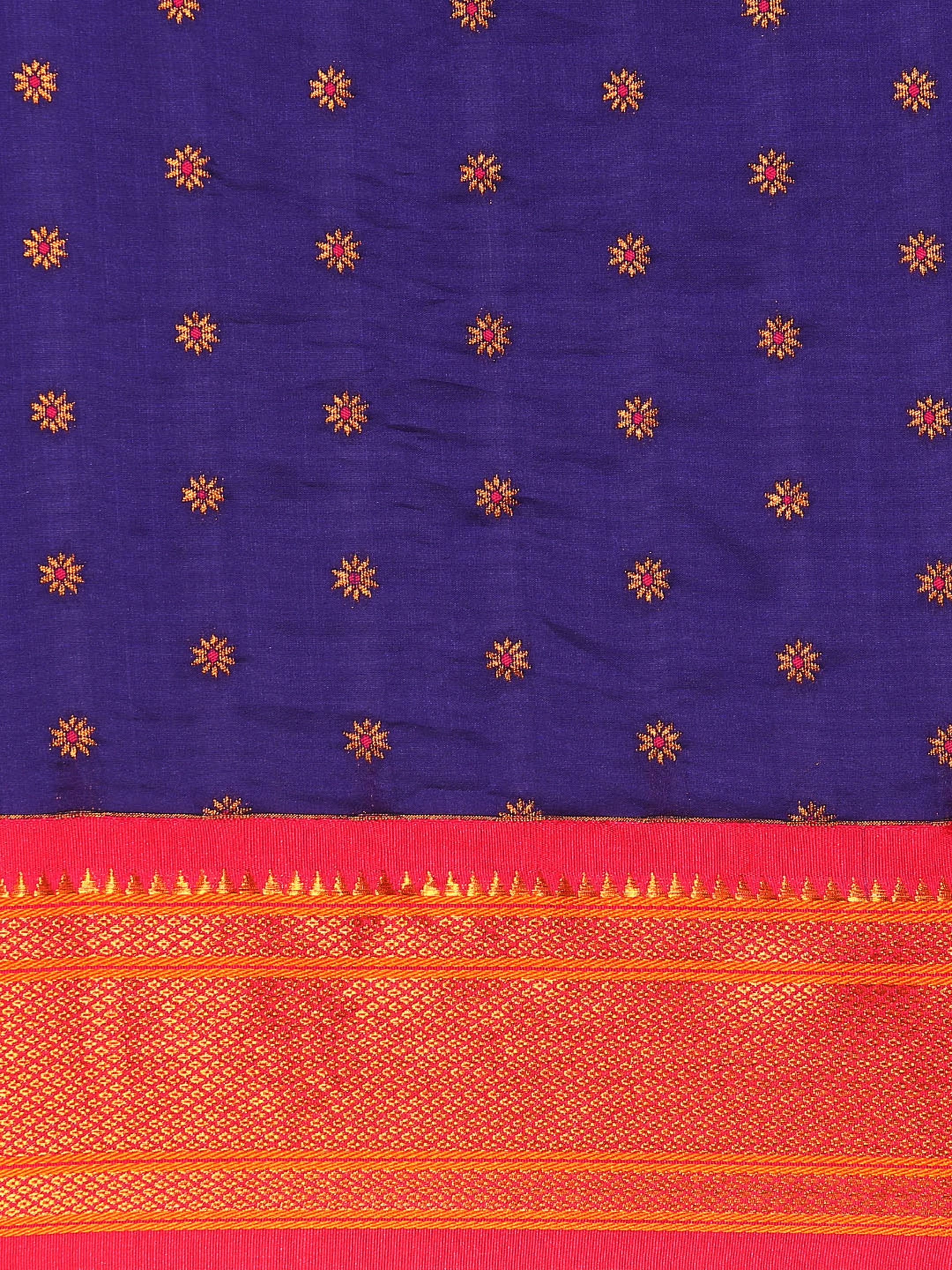 Double pallu paithani saree silk blend in indigo blue and pink with chakra phool meena butti - body fabric detail showing motif design for party wear
