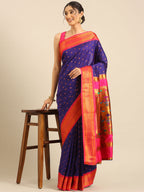 Double pallu paithani saree silk blend in indigo blue and pink with chakra phool meena butti - styled model view for party wear