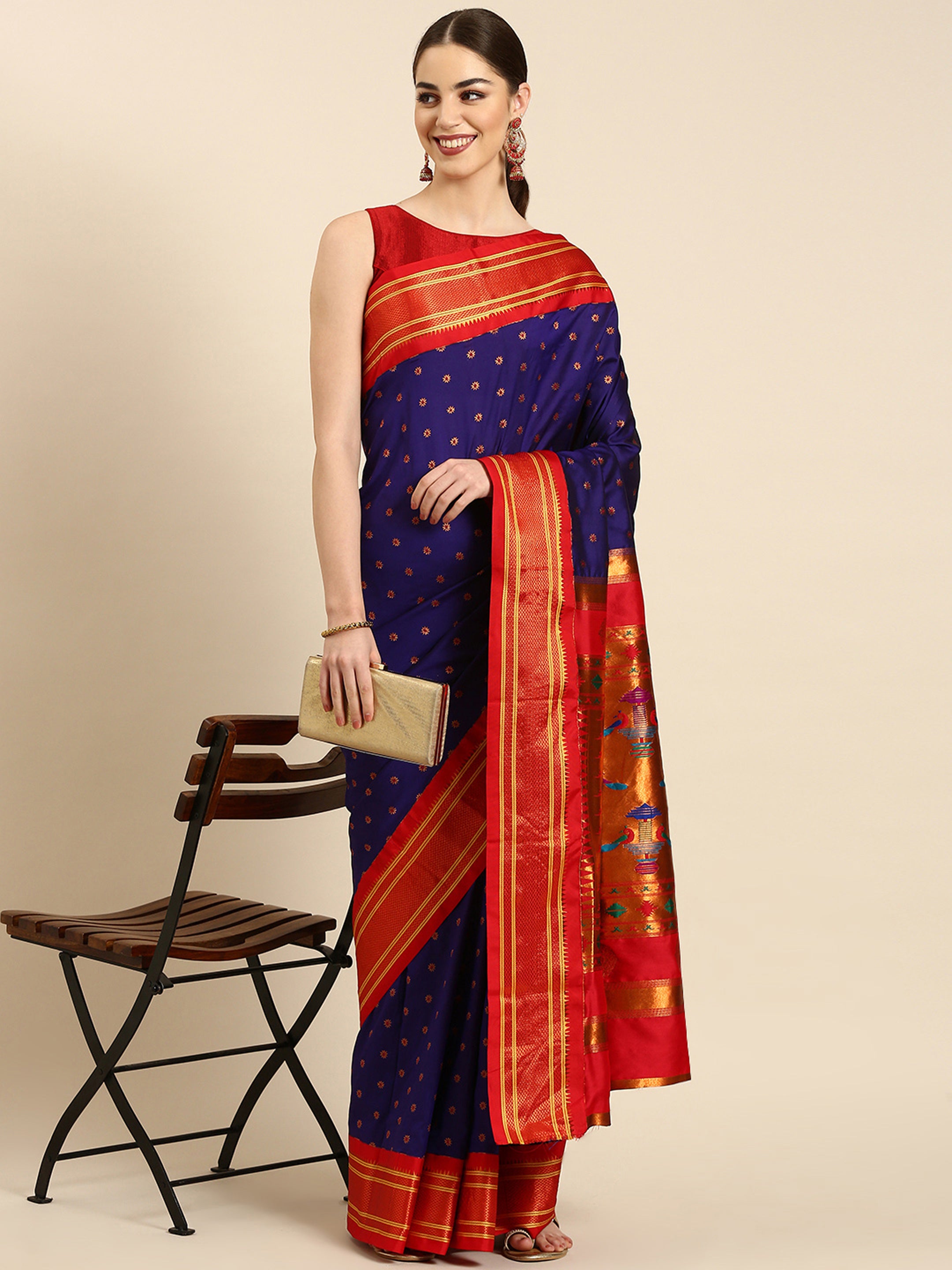 Double pallu paithani saree silk blend in indigo blue and red with chakra phool meena butti - front view for party wear