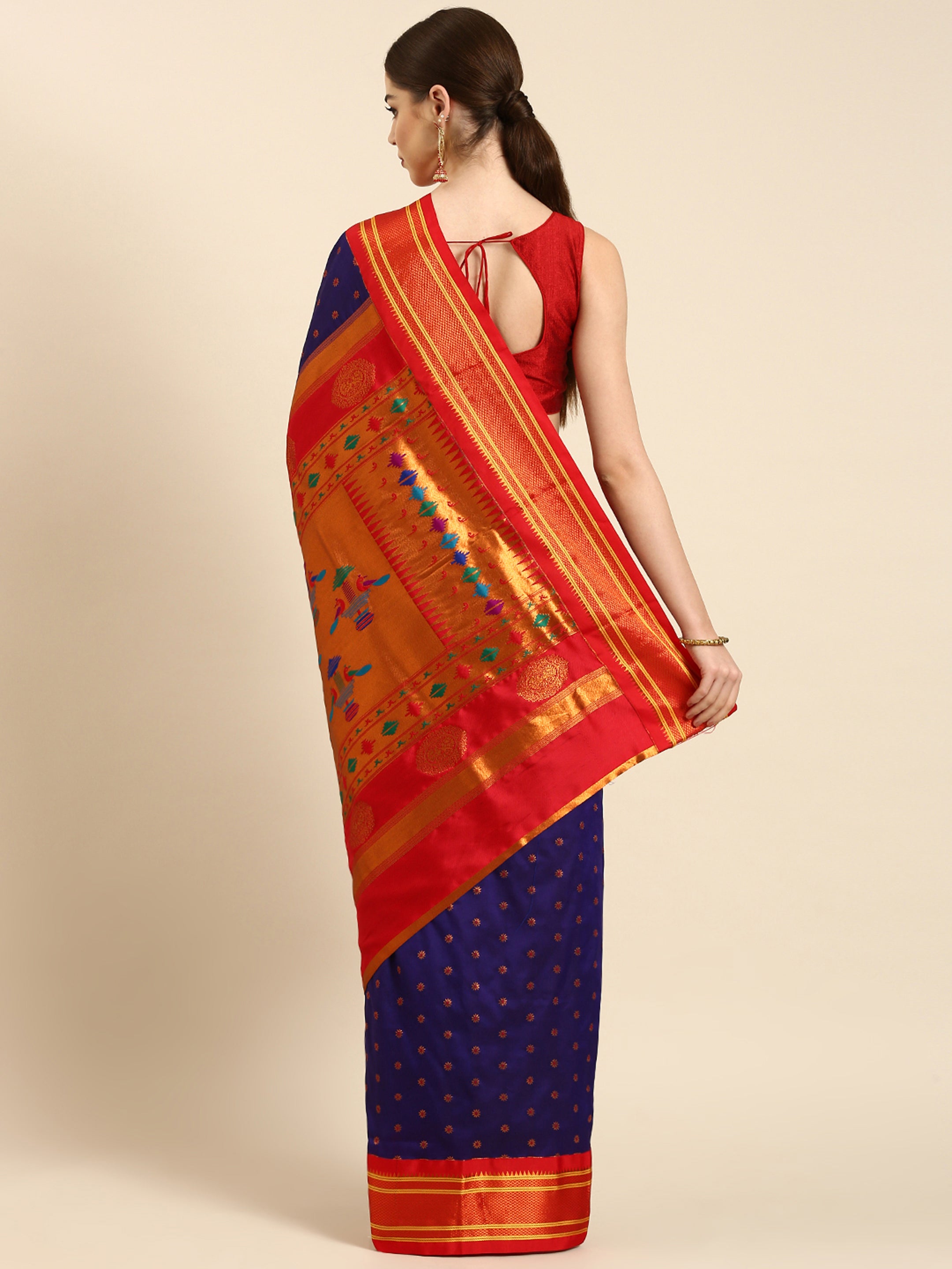 Double pallu paithani saree silk blend in indigo blue and red with chakra phool meena butti - back view showing pallu and border for party wear