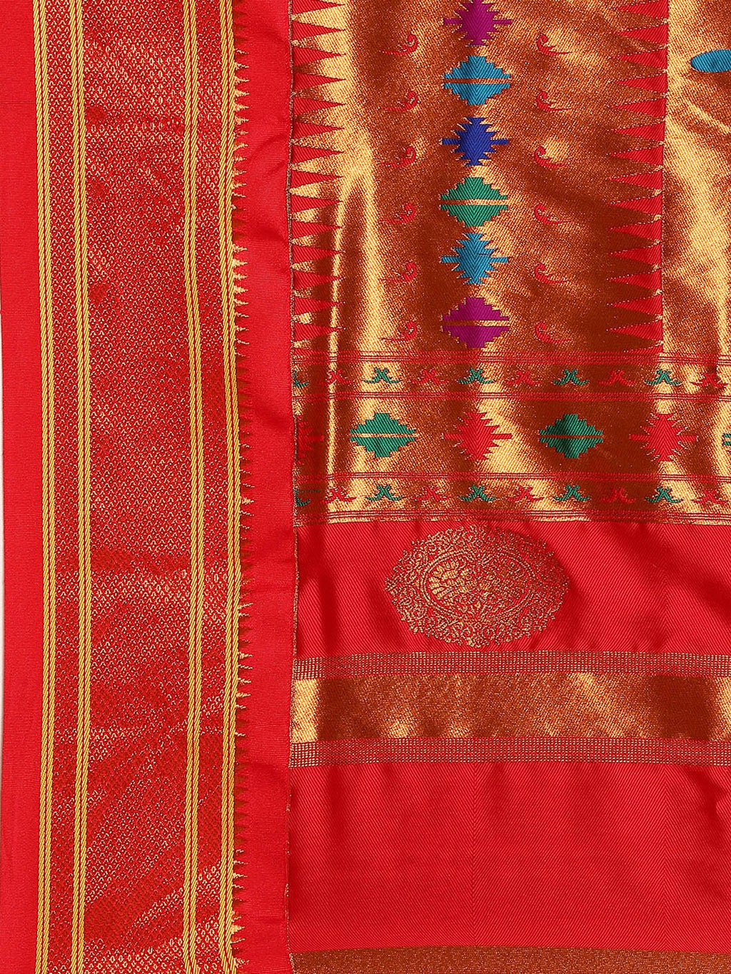Double pallu paithani saree silk blend in indigo blue and red with chakra phool meena butti - pallu detail showing woven motif design for party wear