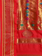 Double pallu paithani saree silk blend in indigo blue and red with chakra phool meena butti - pallu detail showing woven motif design for party wear