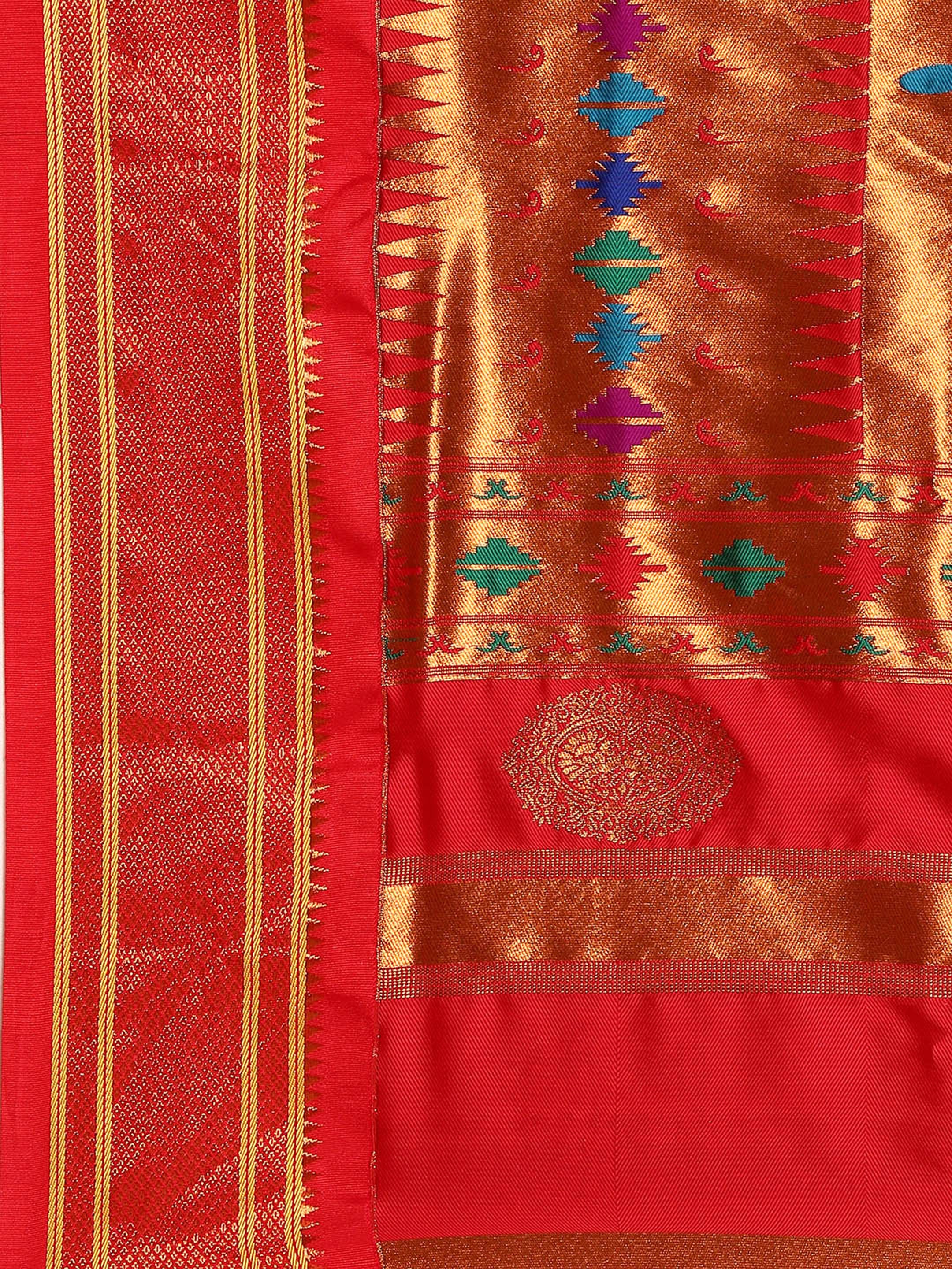 Double pallu paithani saree silk blend in indigo blue and red with chakra phool meena butti - pallu detail showing woven motif design for party wear