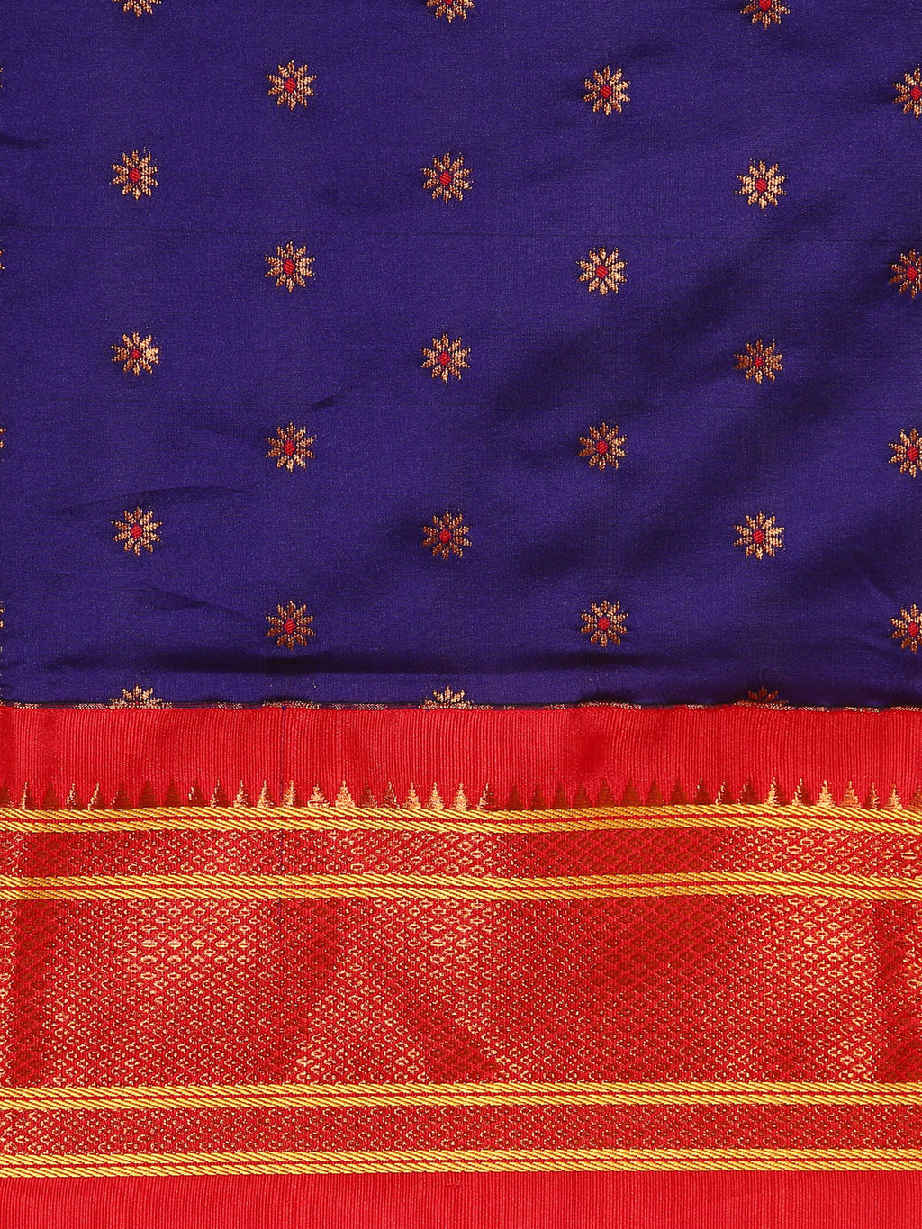 Double pallu paithani saree silk blend in indigo blue and red with chakra phool meena butti - body fabric detail showing motif design for party wear
