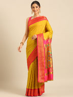 Double pallu paithani saree silk blend in mustard yellow and pink with chakra phool meena butti - front view for party wear