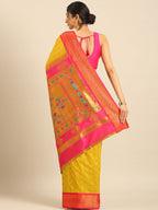 Double pallu paithani saree silk blend in mustard yellow and pink with chakra phool meena butti - back view showing pallu and border for party wear