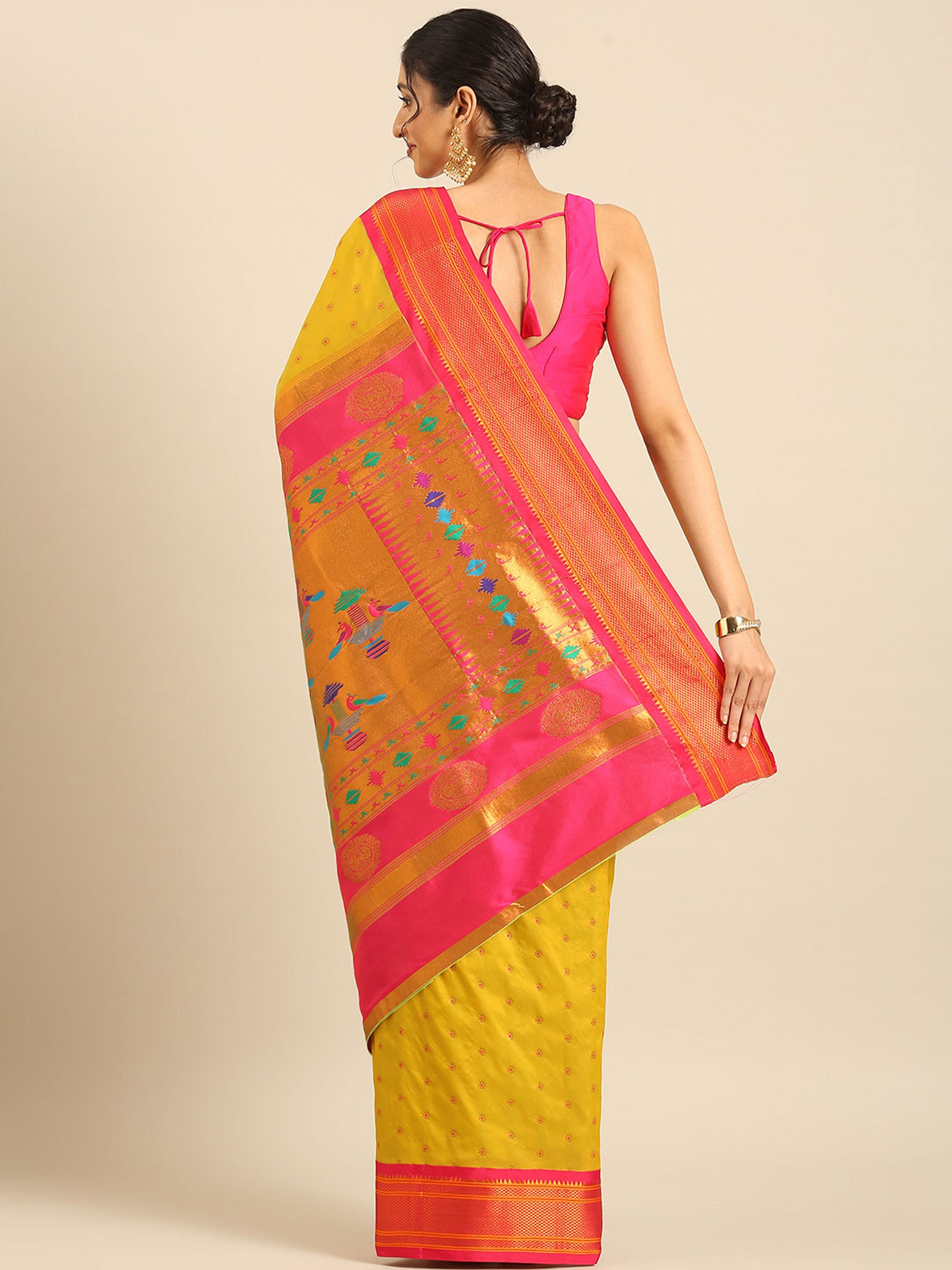 Double pallu paithani saree silk blend in mustard yellow and pink with chakra phool meena butti - back view showing pallu and border for party wear